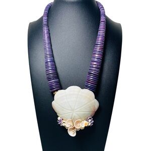 Stunning Shell Pendant Necklace with Purple Heishi Beads